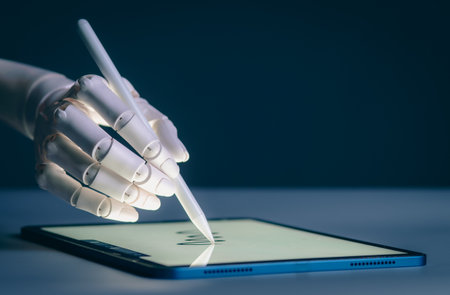 Robot Hand Using Digital Stylus on Tablet: AI Art, Design, and Future of Creative Technologyの写真素材