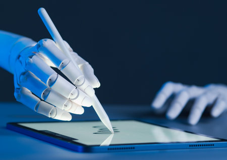 Robot Hand Using Digital Stylus on Tablet: AI Art, Design, and Future of Creative Technologyの写真素材