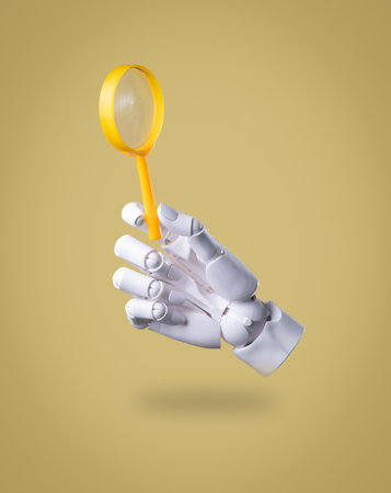 Robot Hand Holding Magnifying Glass: AI Research, Investigation, and Detail Focus Conceptの写真素材