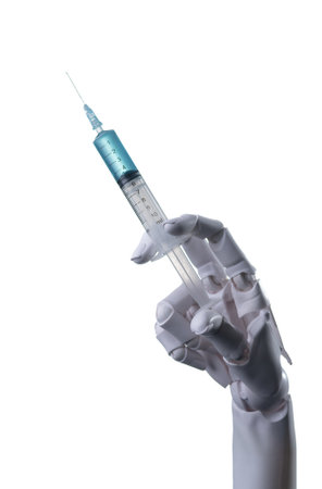 Isolated Robot Arm Holding Medical Syringe on Pure White Backgroundの写真素材