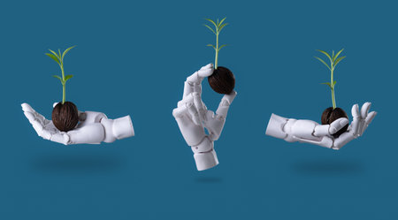 Robot Hand Gently Holding Seedling: Technology, AI, and Sustainable Future Conceptの写真素材