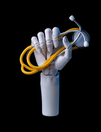 The AI Physician: Robotic Hand Holding a Stethoscopeの写真素材