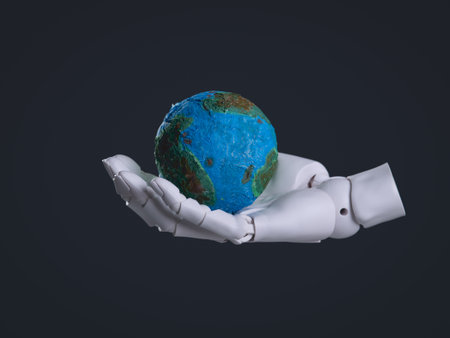 Robot Hand Gently Holding Planet Earth Model: AI, Technology, and Global Protection Concept