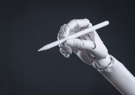 Robot Hand Holding a Digital Stylus: AI Art, Design, and Precision Technology Concept