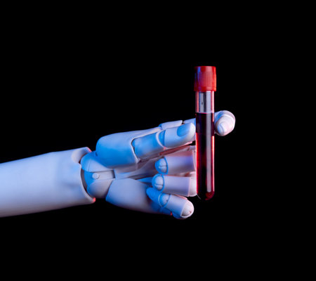 Robot Hand Holding a Blood Test Tube for Laboratory Analysisの写真素材