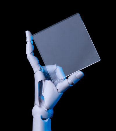 Future Tech: Robot Hands Interacting with a Transparent Holographic Displayの写真素材