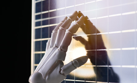 The Touch of the Future: Robot Hand Connecting with Clean Energy on Solar Panelの写真素材
