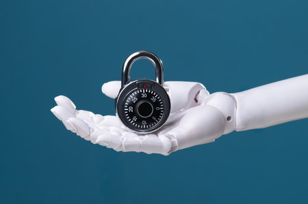 Next Gen Data Protection: Robotic Arm Holding Code Lock, Symbol of Access Controlの写真素材