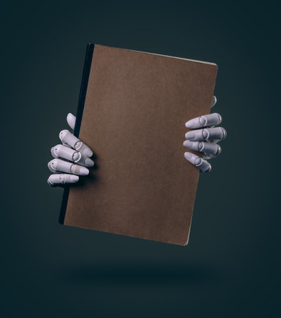 Robot Hands Holding a Blank Brown Notebookの写真素材