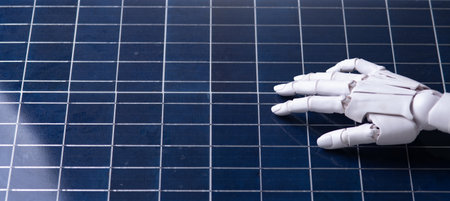 Robot Hand on a Solar Panel: AI Driving the Future of Clean Energyの写真素材