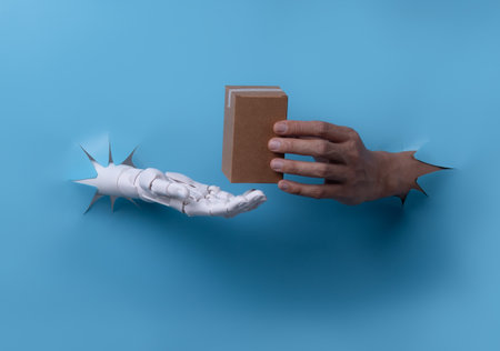 New Logistics: Human Hand Giving Parcel Box to Robot Hand, Automated Delivery System