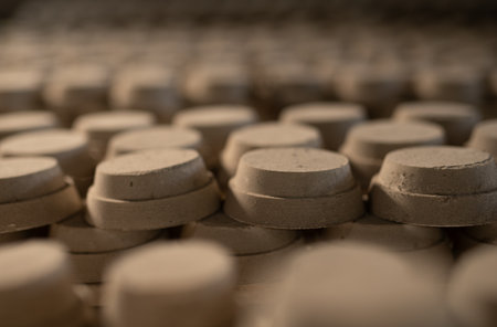 Ready-to-use compressed earth: Rough texture material in a manufacturing plantの写真素材