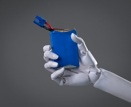 Robot hand inspecting a blue battery: Power source for artificial intelligence