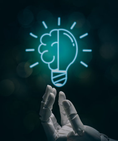 Robot Hand Reaching Toward Glowing Brain Light Bulb for Artificial Intelligence Concept