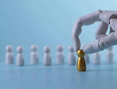AI Robot Selecting a Golden Figure for Premium Recruitment Concept