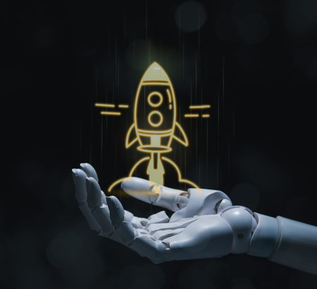 Robotic hand with a soaring rocket icon representing success and advanced innovation.