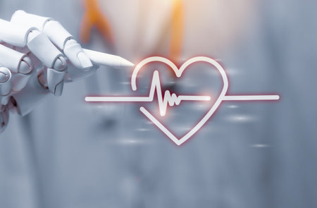 Robot Hand Monitoring Heart Rate Pulse Icon for AI Medical Technology Concept