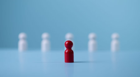 Leader Red Wooden Figure Standing Out from Blurry White Crowd Concept of Successの写真素材
