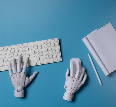 Hands Working on Computer Keyboard and Mouse Top Viewの写真素材