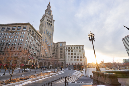 Cleveland, Ohio/USA - March 5th 2018: Terminal tower with blue sky and golden lighting. The Terminal Tower is a 52-story, landmark skyscraper located on Public Square in downtown Cleveland.のeditorial素材