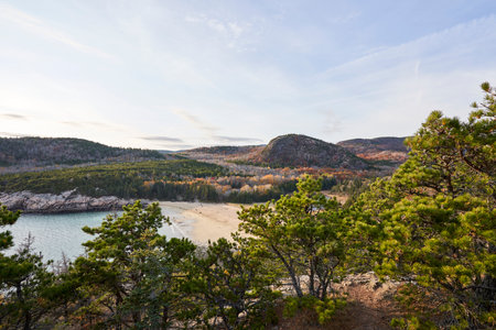 An elevated view on a beautiful autumn day, looking down on Sand beach and the nearby Beehive mountain. It is near the end of fall, and many of the leaves are still on the trees.の写真素材