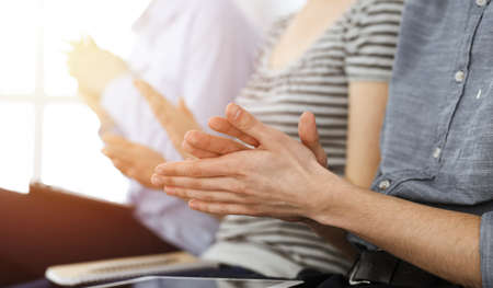 Business people clapping at meeting or conference, close-up of hands. Group of unknown businessmen and women in sunny officeの写真素材