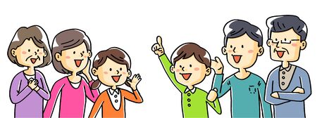 Hand-drawn illustration material family couple children old couple 3 generationsのイラスト素材