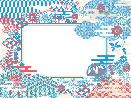 Japanese pattern refreshing blue red simple Japan frame horizontal for summerのイラスト素材