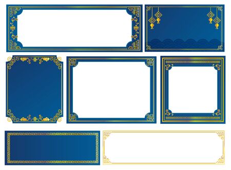 Chinese Asian Frame Blue Decorative Line Goldのイラスト素材