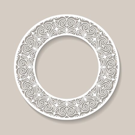 Circle lace ornament, round ornamental geometric doily pattern with empty space for text. Vector illustration greeting, wedding invitation. Background light, pastel tones, EPS 10.のイラスト素材