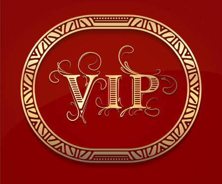 Pretty gold unusual oval frame with shadow and caption VIP on dark red background for your designのイラスト素材
