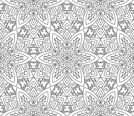 Rich decorated calligraphic outlined stroke monochrome seamless pattern. Vector ornate floral design.のイラスト素材