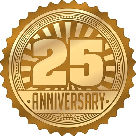 Vintage anniversary 25 years round emblem with rays. Retro styled background in gold tones.のイラスト素材