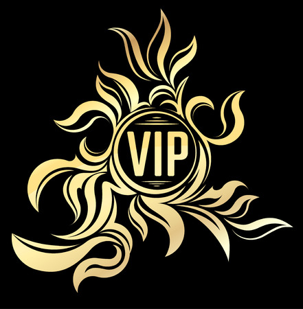 Pretty gold unusual round floral frame with caption VIP on a dark background in gold tones.のイラスト素材