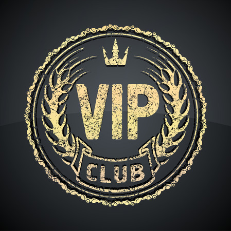 VIP Club icon or logo design with crown and ears in gunge style. Gold on a black background.のイラスト素材
