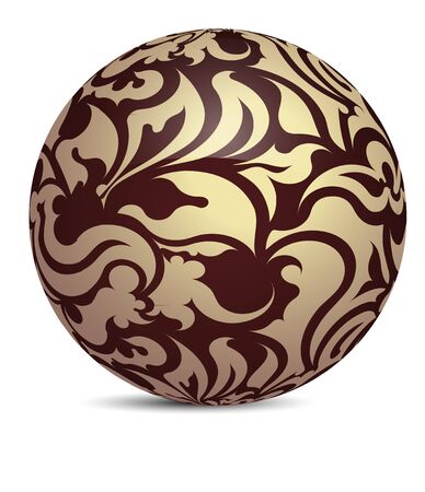 Unusual dark brown decorative glossy shine sphere ball with golden floral decor. illustration for your design.のイラスト素材