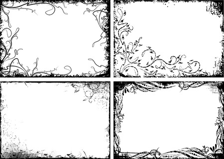 Set of four black floral frames in grunge styleのイラスト素材
