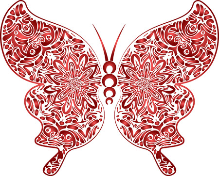 Hand drawn vector zentangle doodle butterfly illustration in red gradient tones.のイラスト素材