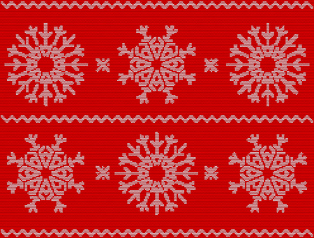 Christmas pattern with snowflakes, new year ornament on red background. Knitted vector pattern. Christmas sweater design. Wool knitted texture in white and red tones.のイラスト素材