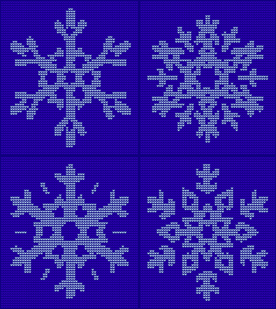 Set of 4 snowflake christmas, new year ornament on blue background. Knitted vector pattern. Christmas sweater design. Wool knitted texture in white and blue tones.のイラスト素材