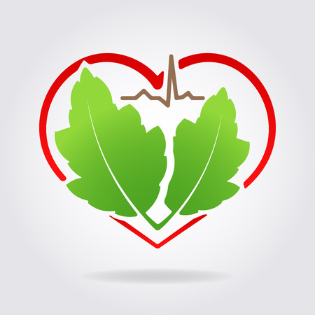 Abstract medical health icon with silhouette of stylized heart shape, pair of green leaves and line of cardiogram and shadow. Can used as symbol or emblem for herbal medicine or etc.のイラスト素材