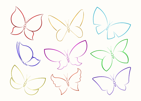 Set of nine butterfly full color outline silhouettes.のイラスト素材