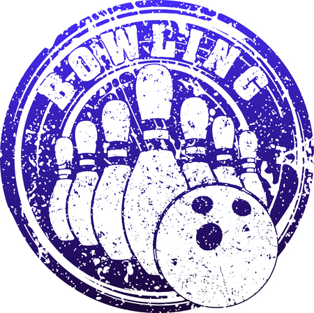 Abstract blue bowling design with skittles and bowling ball in rubber stamp grunge style.のイラスト素材