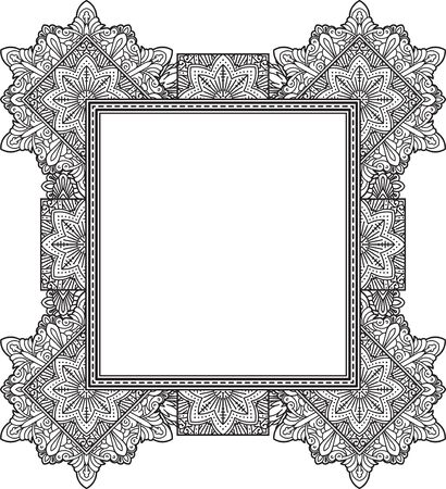 Rich decorated unusual frame pattern. Vector decorative background in ethnic Indian style for coloring book, design of textile, bags, product packaging, brochures, flyers.のイラスト素材