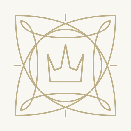 Abstract decor in gentle beige tones, mono line style, frame with crown for logo or other design. Vector illustration.のイラスト素材