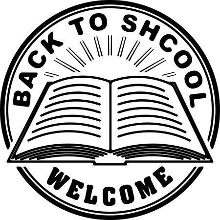 Black solid style rubber stamp template with book and caption Back to school written inside the stampのイラスト素材