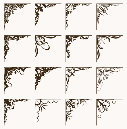 Set of 16 vintage calligraphic corners for your design.のイラスト素材