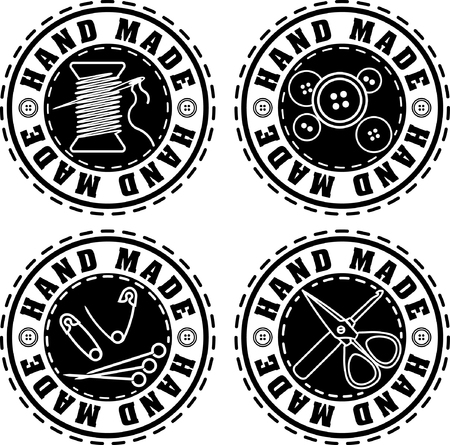 Set of four black rubber stamp solid style Hand made labels for your design.のイラスト素材