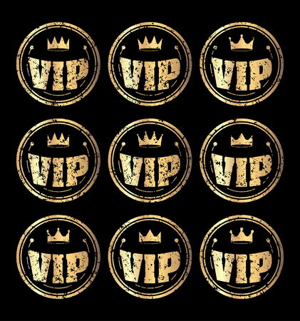 Set of nine gold round VIP grunge style rubber stamp icons with different crowns on a black background.のイラスト素材