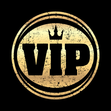 Gold round VIP grunge style rubber stamp icon with crown on a black background.のイラスト素材